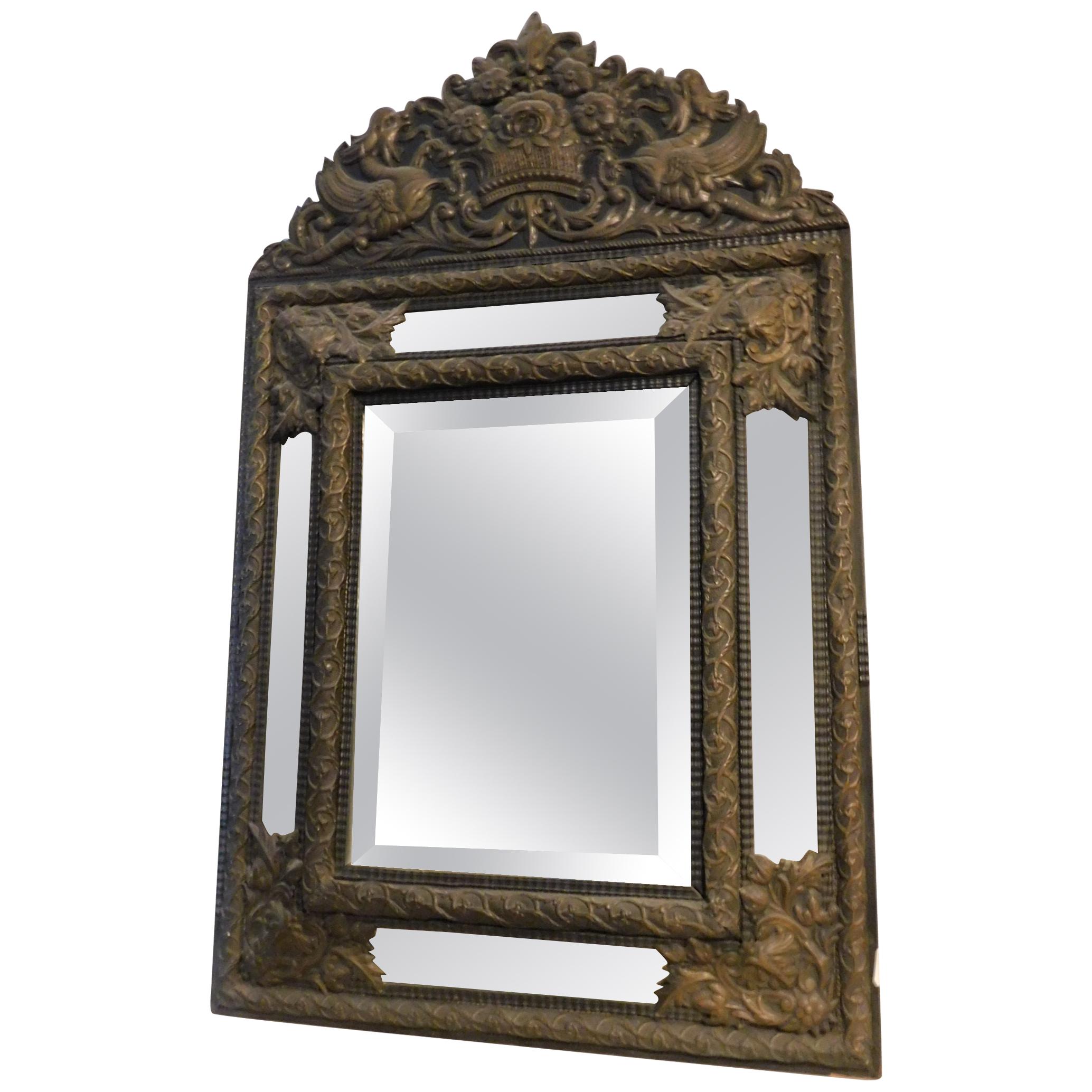 18th Century Vintage Antique Mirror with Metal Frame, Embossed, Brown