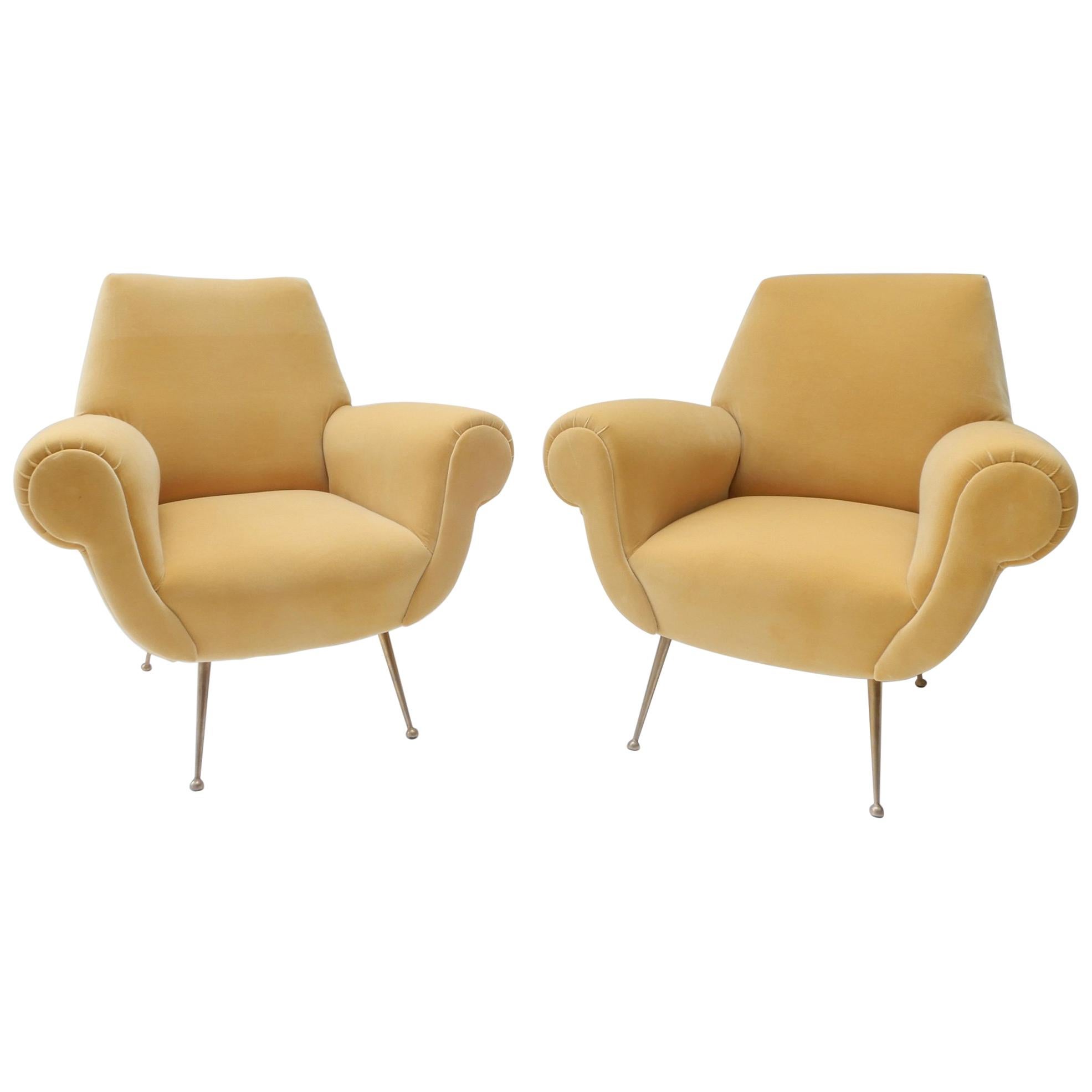 Pair of Italian Mid-Century Modern Style Armchairs in Yellow Velvet