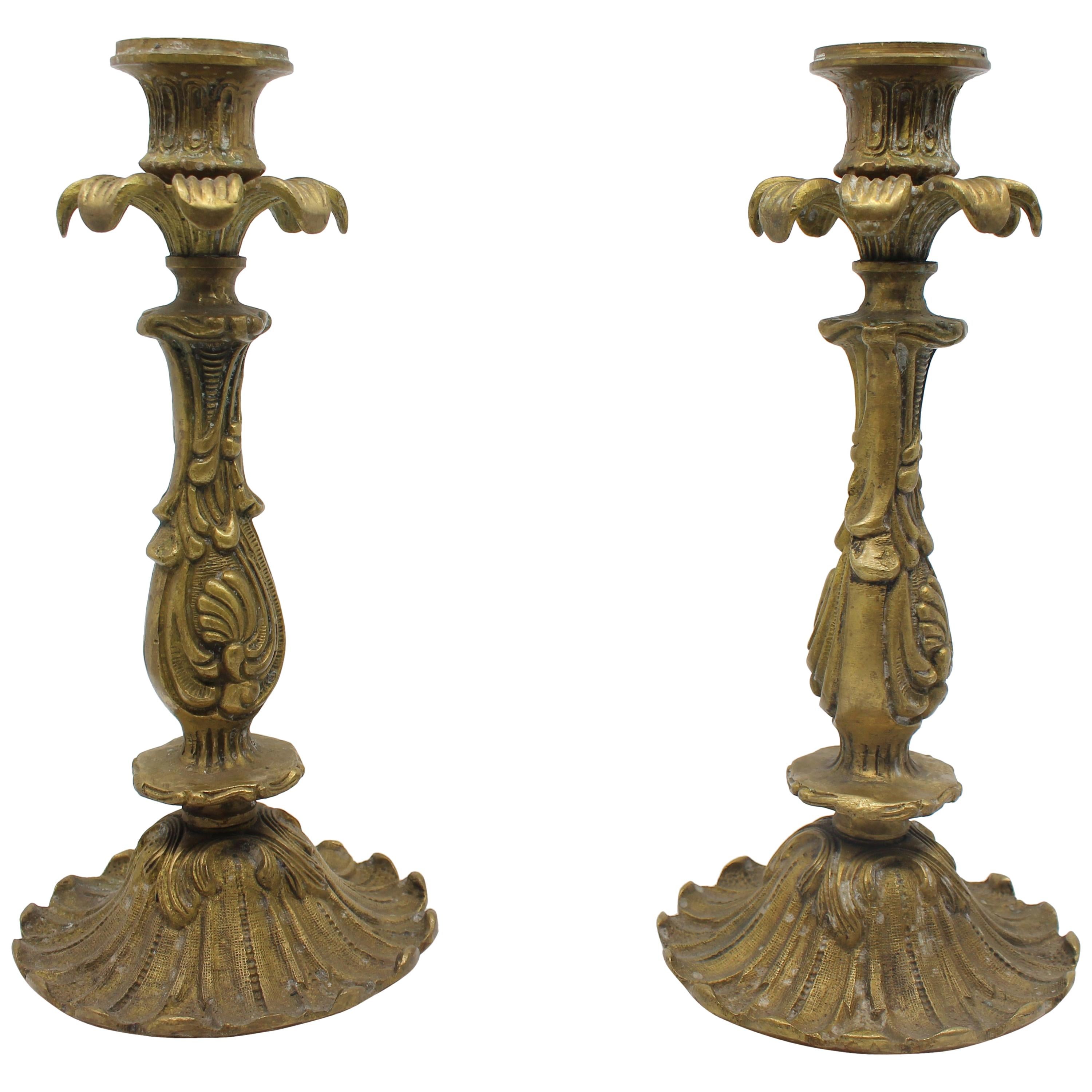 Pair of Heavy Vintage Decorative Brass Candlesticks For Sale