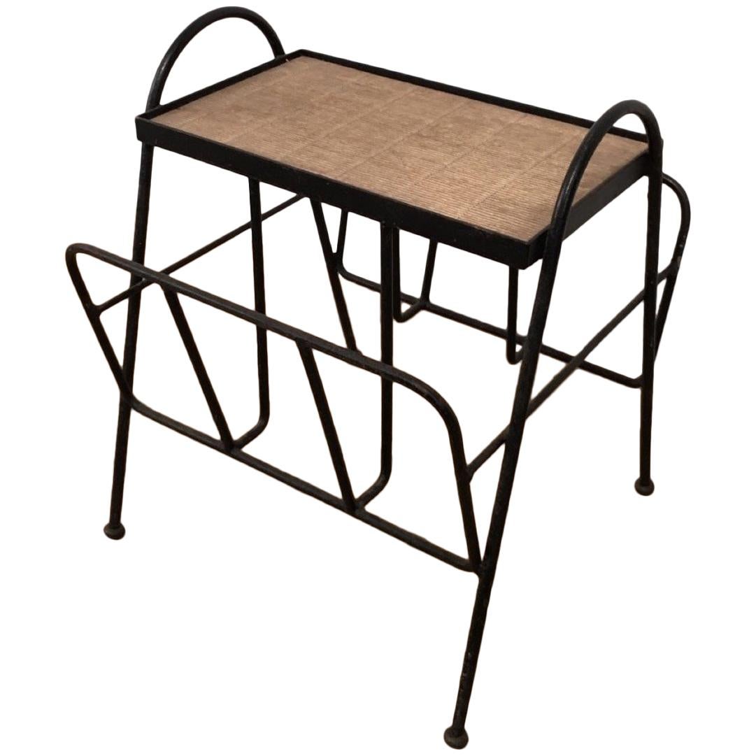Black Lacquered Metal and Rattan Magazine Rack, French, circa 1950