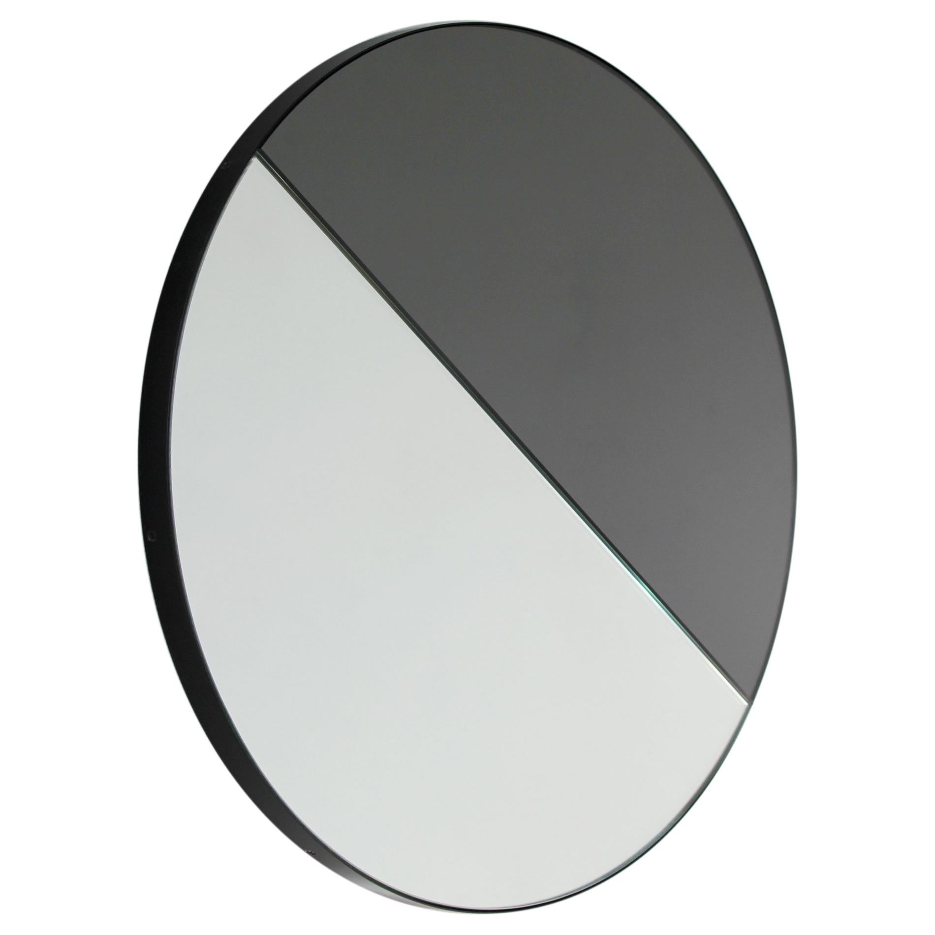 Orbis Dualis Mixed Tint Contemporary Round Mirror with Black Frame, XL