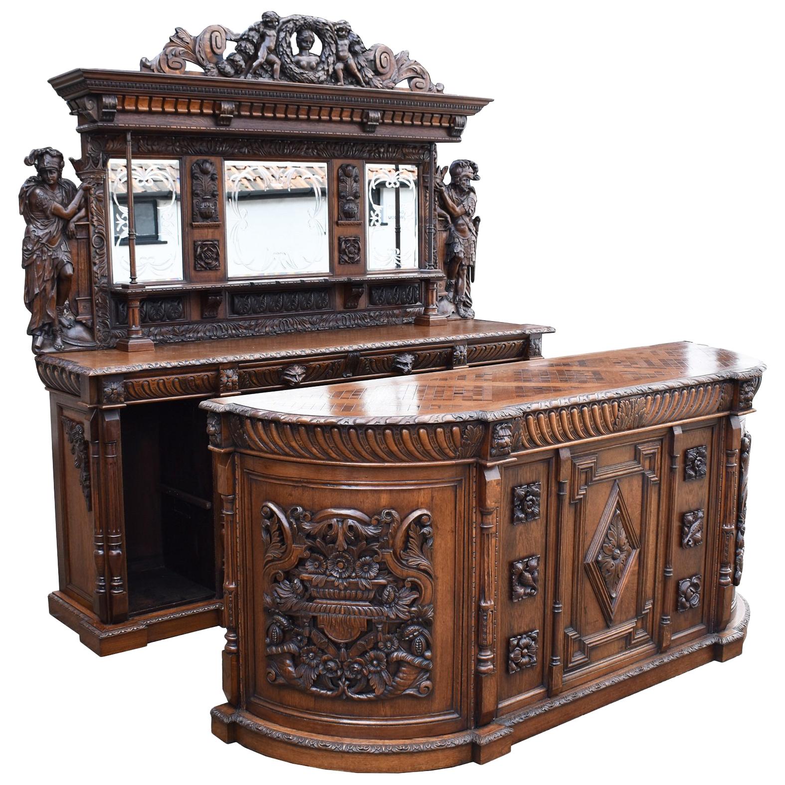 19th Century Antique English Victorian Carved Oak Front and Back Bar