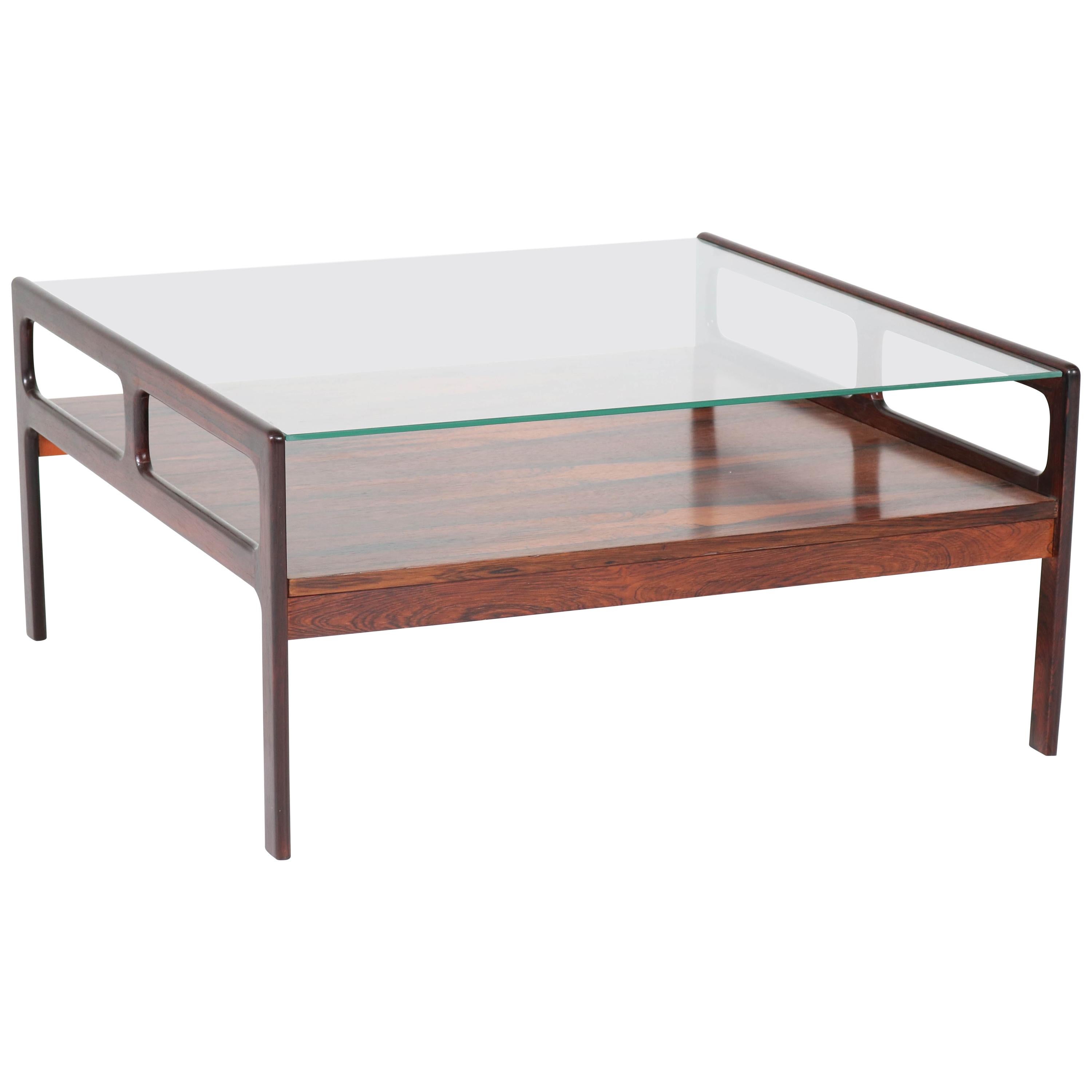 Rosewood Scandinavian Mid-Century Modern Coffee Table with Glass Top, 1960s