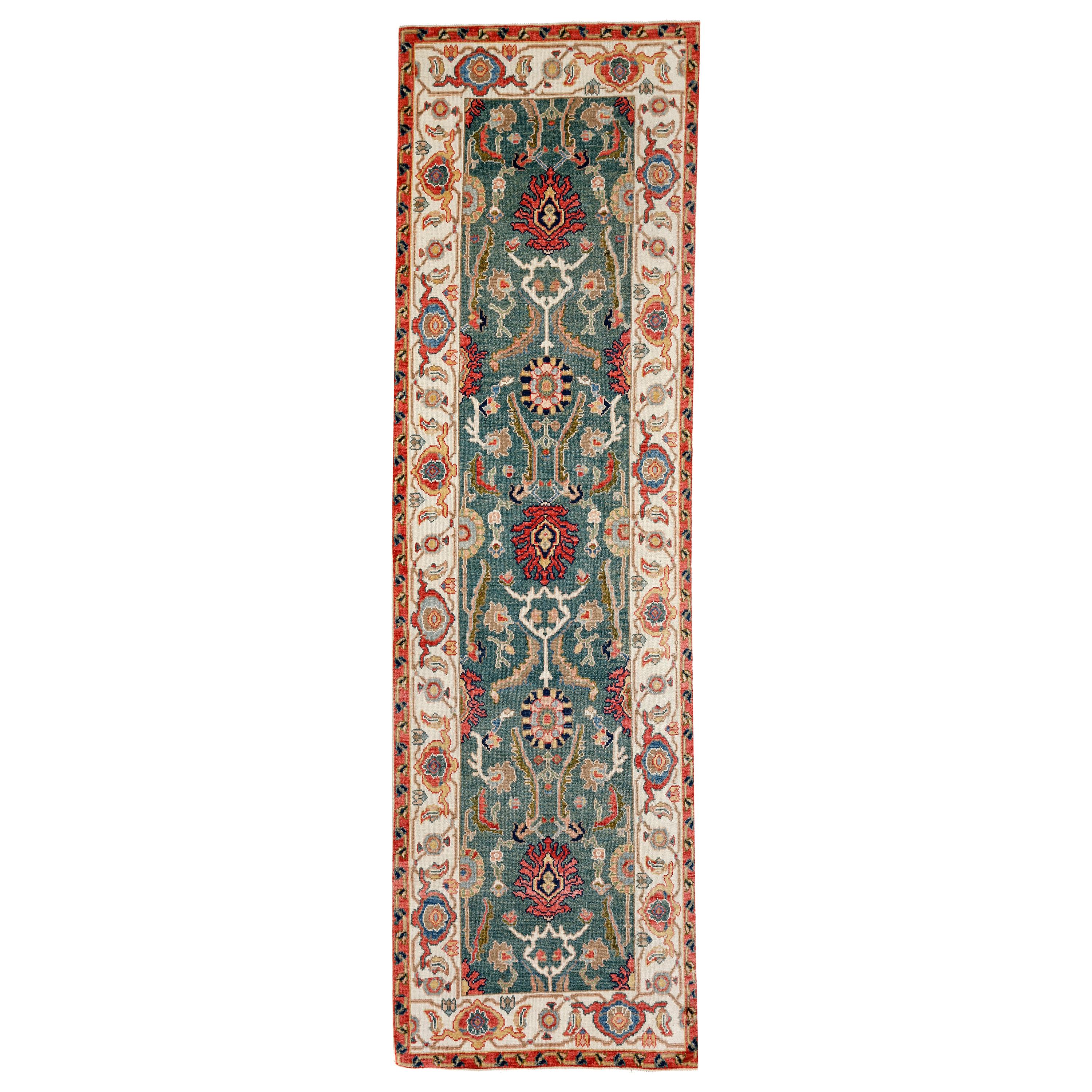 Green, Gold and Red Contemporary Handmade Wool Turkish Oushak Runner
