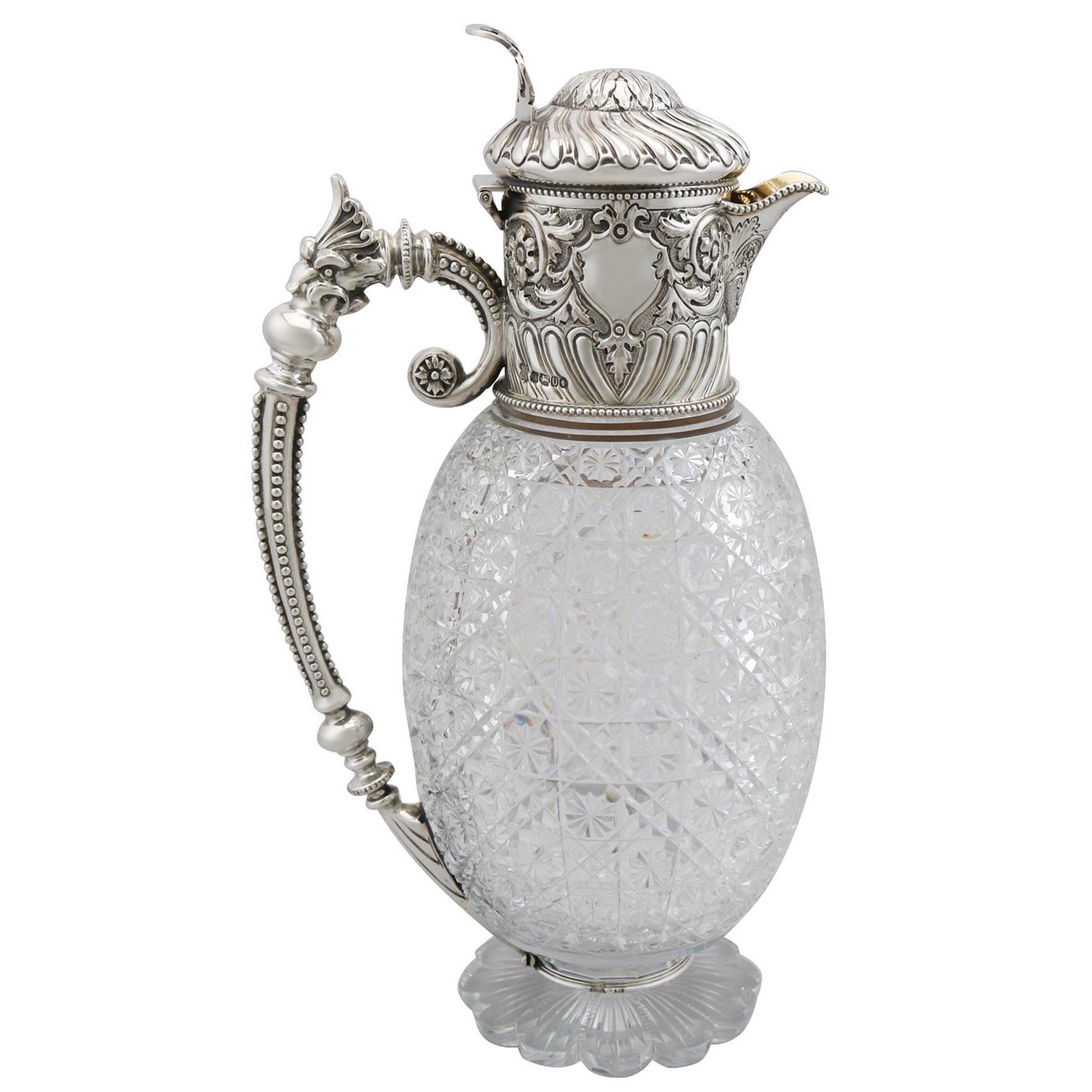 Antique Victorian Cut Glass and Sterling Silver Mounted Claret Jug, 1887