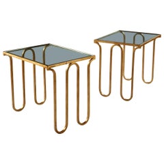 Pair of Italian 1970s Gilt Bronze Occasional Tables with Glass Tops