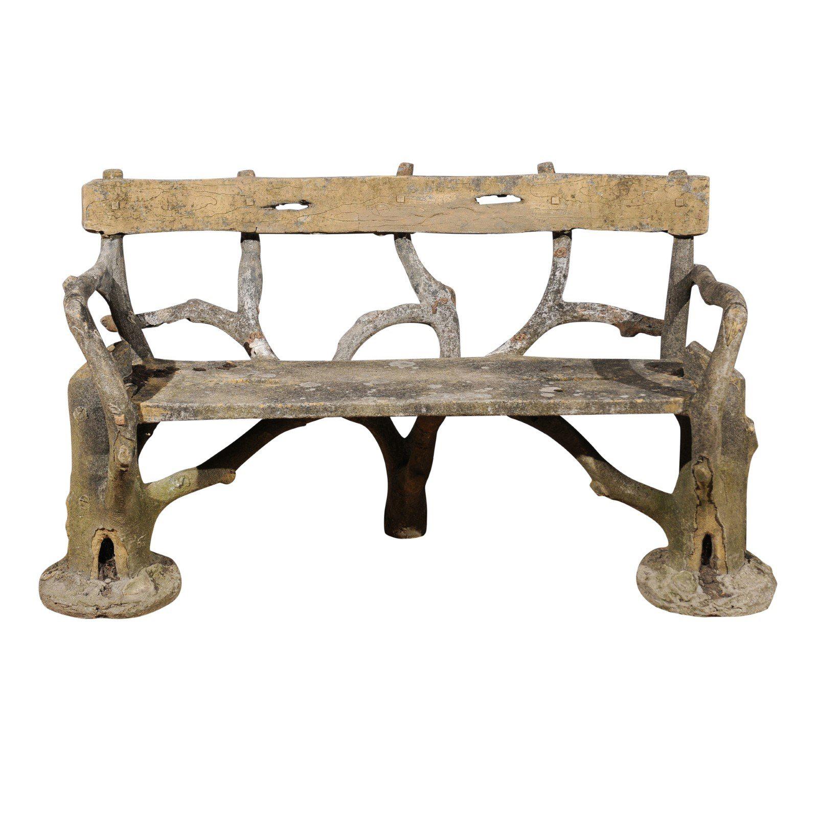 French Late 19th Century Faux-Bois Concrete Bench with Vases Flanking the Sides For Sale