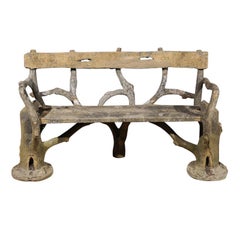 French Late 19th Century Faux-Bois Concrete Bench with Vases Flanking the Sides