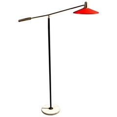 Midcentury Italian Standard Lamp with Red Enamel Shade on Cantilever Brass Arm