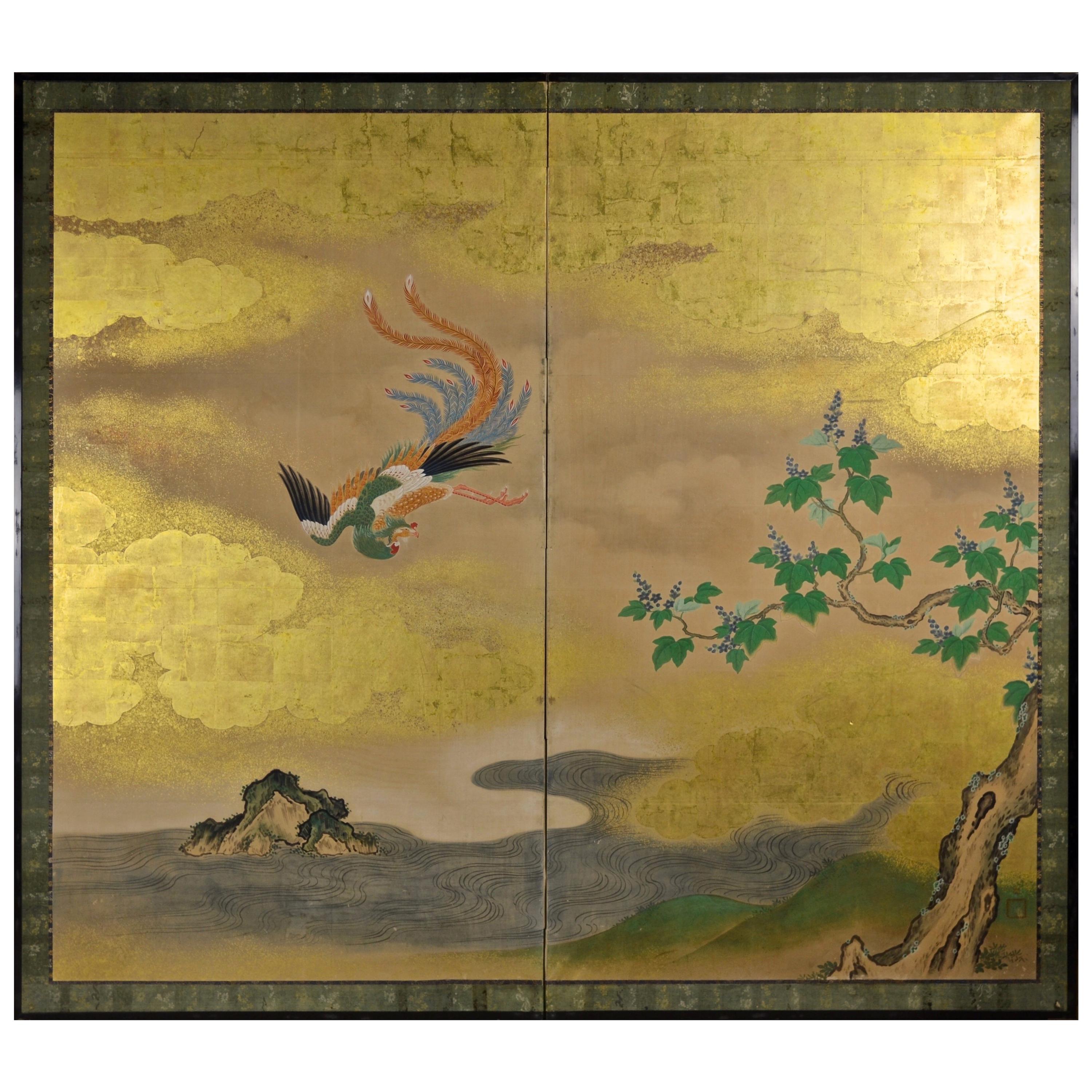 18th Century Kano School Golden Painted Folding Screen with Phoenix For Sale