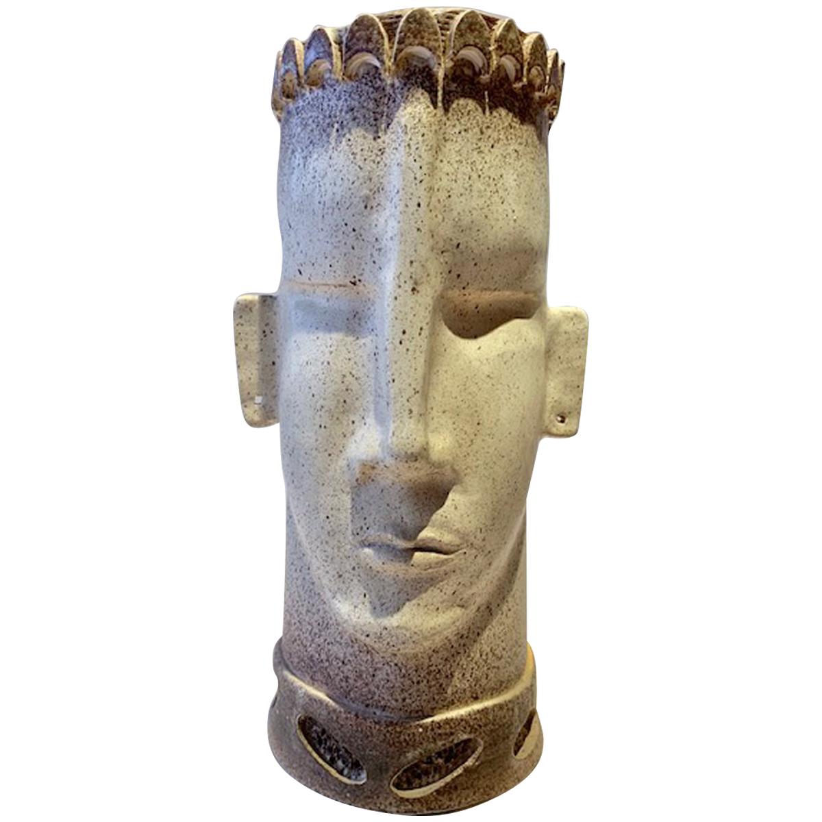 Monumental Taupe Ceramic Sculpture Artisan Face Vase For Sale