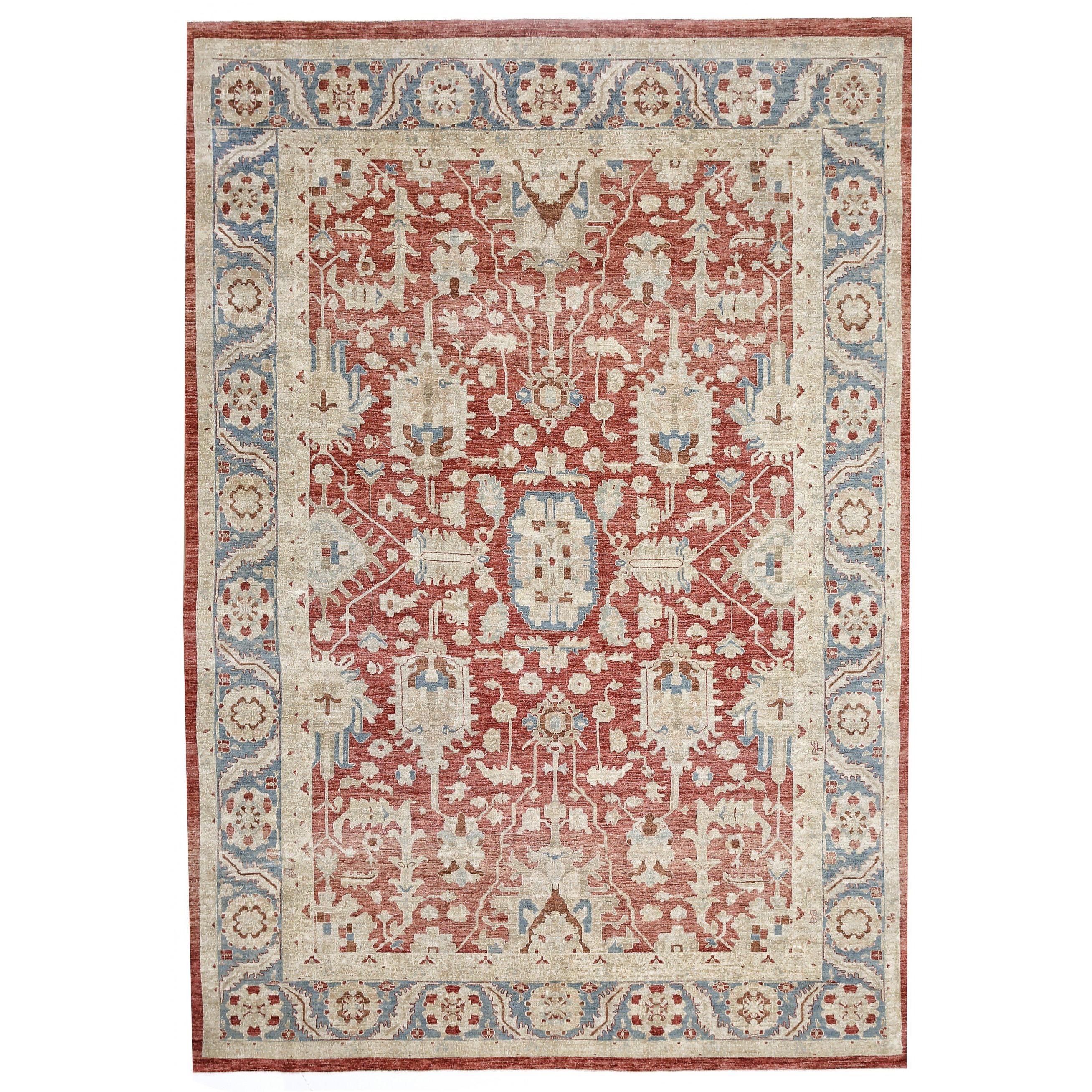 Red, Blue and Ivory Contemporary Handmade Wool Turkish Oushak Rug