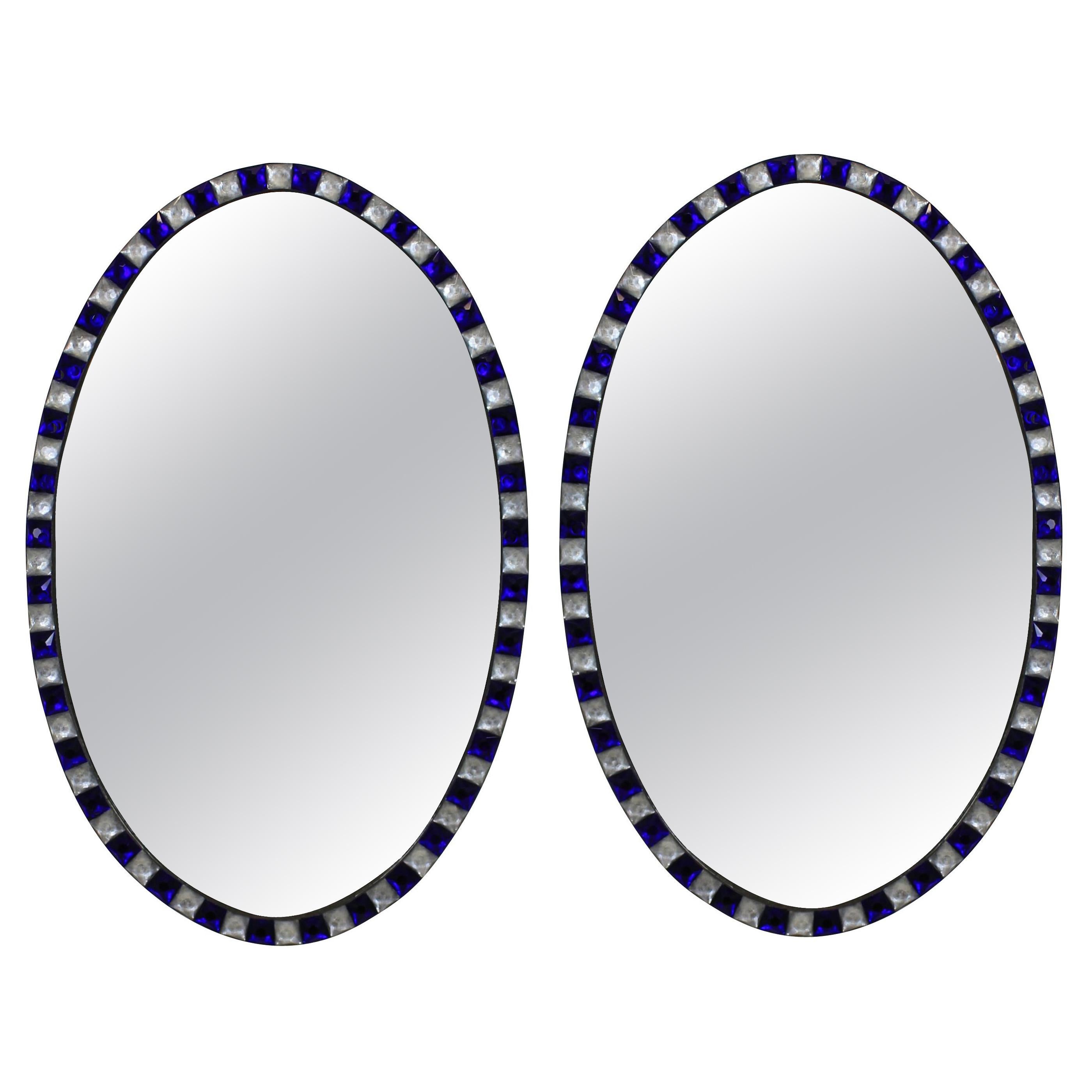Pair of Stunning Irish Mirrors with Faceted Rock Crystal and Blu Glass Borders