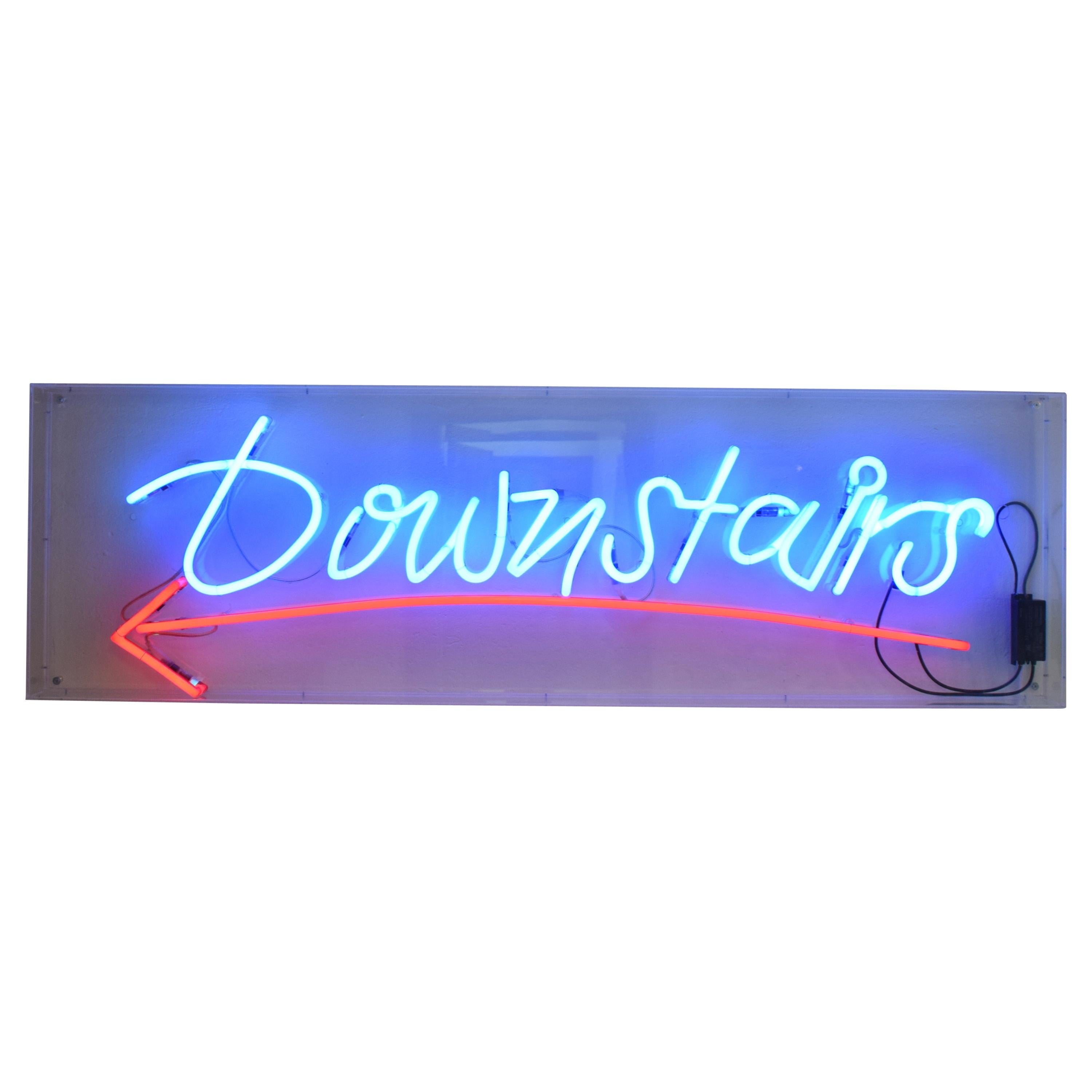 Large Mid Century Neon Sign Red / Blue "Downstairs" in a Acrylic Showcase 1980s