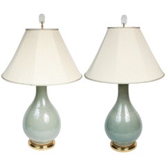 Elegant Pair of Celadon Crackle Table Lamps