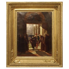 Signed 19th Century Monastery Scene Oil Painting from Italy