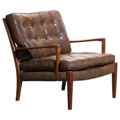 1960s Walnut / Leather Easy / Lounge Chair Model "Loven" by Arne Norell Sweden.
