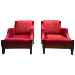 Melchiorre Bega Pair of Midcentury Walnut, Brass and Red Armchairs, Italy, 1940s