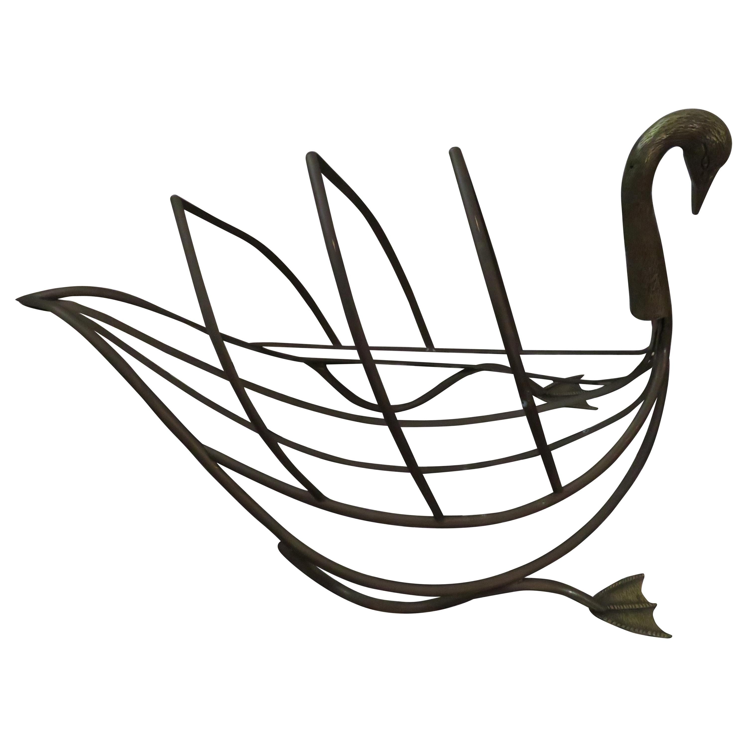 Whimsical Maison Jansen Italian Swan Magazine Rack Brass Mid-Century Modern For Sale