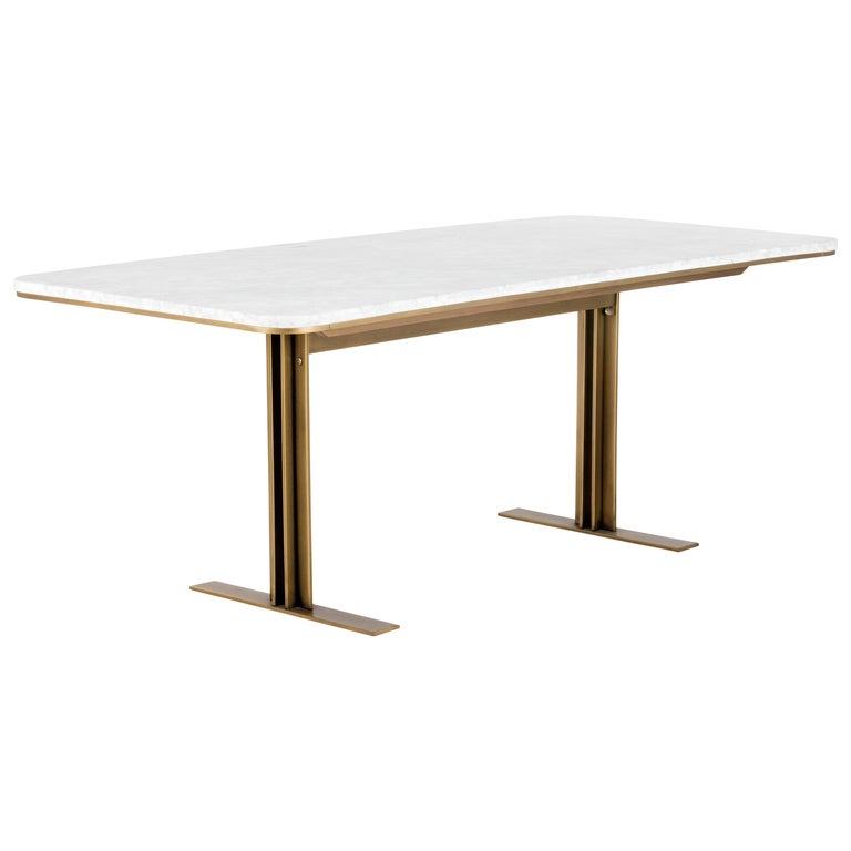 Art Deco Marble Dining Table, White Marble/Antique Brass For Sale at