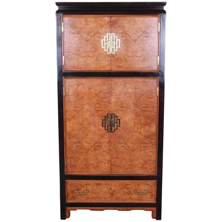 Century Furniture Black Lacquer And Burl Wood Chinoiserie Armoire