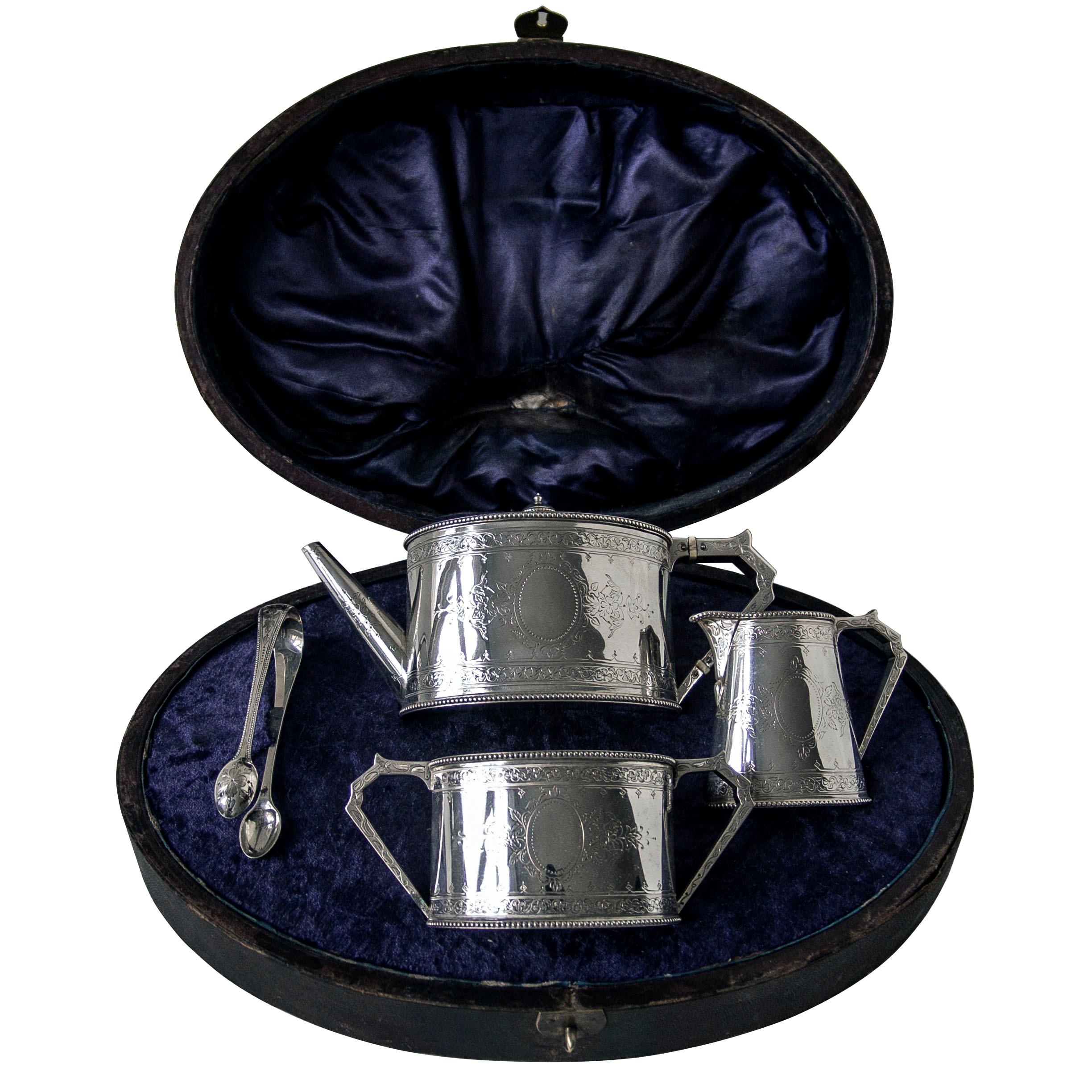19th Century Fine Victorian English Sterling Silver Tea Set in Presentation Box For Sale