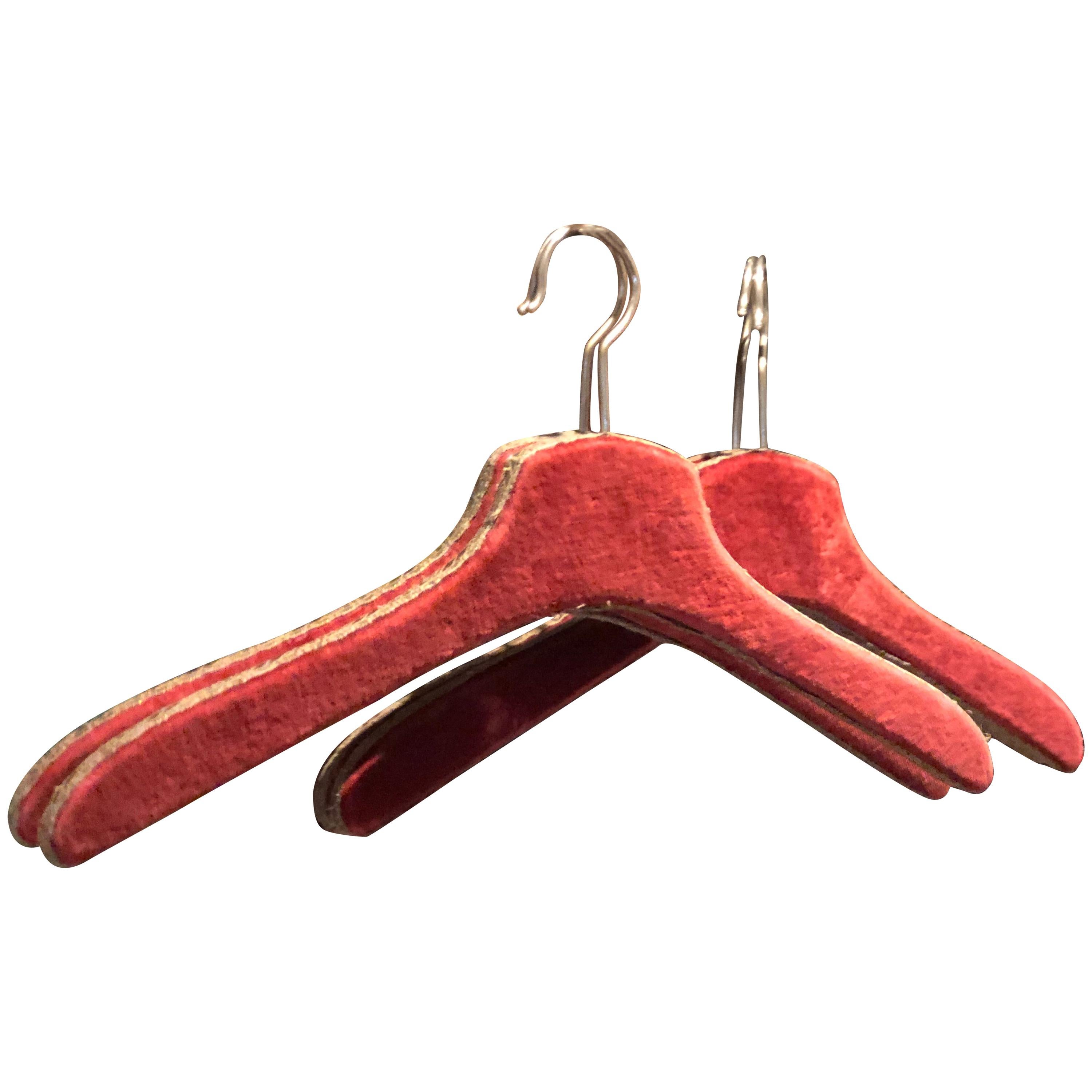 Set of Five French Antique Clothes Hangers in Red Velvet