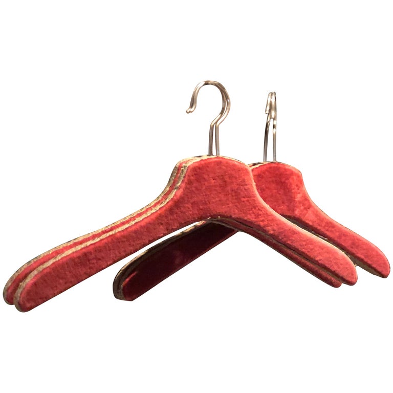 Set of Five French Antique Clothes Hangers in Red Velvet at 1stDibs