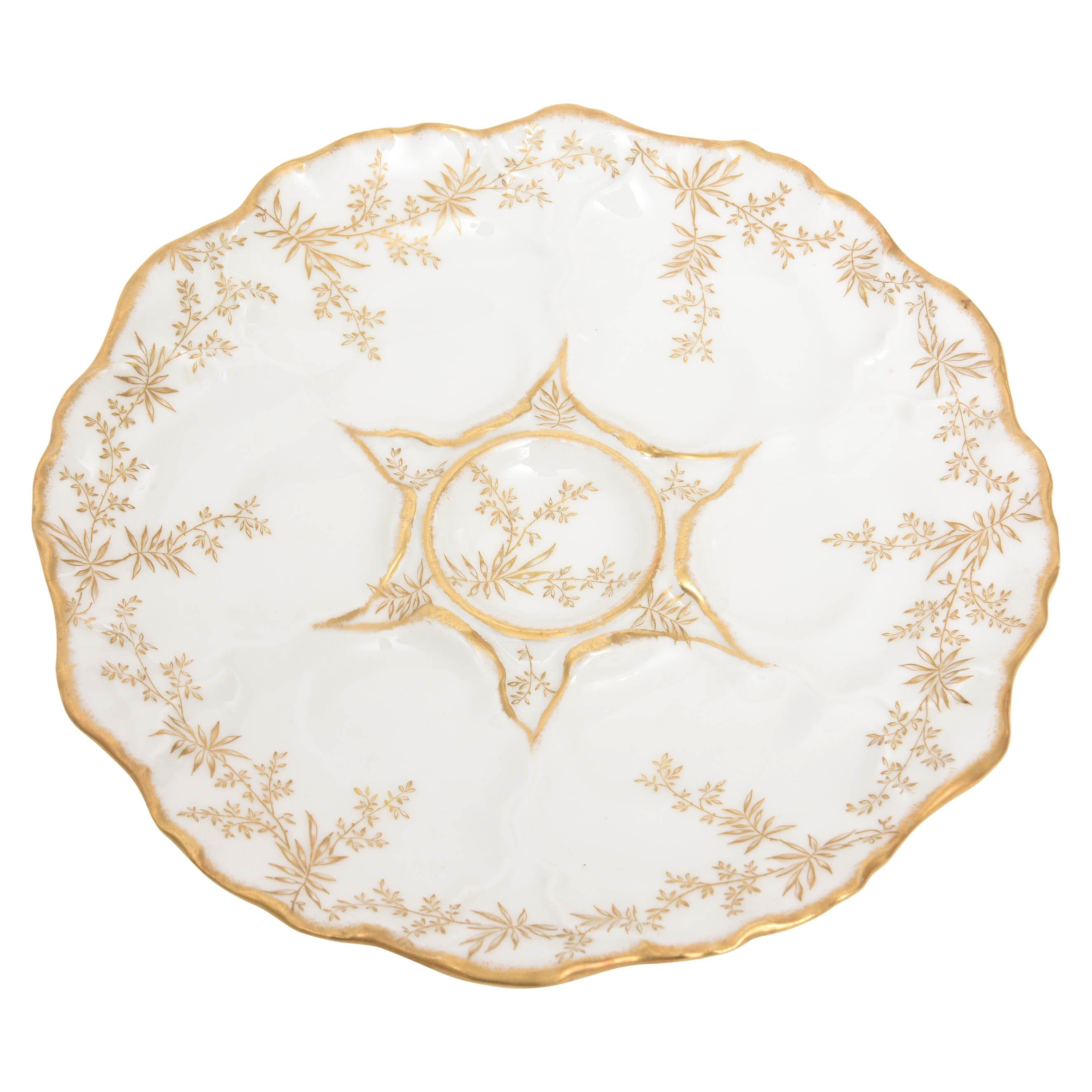 Oyster Plate by Limoges France, Scalloped Shape and Hand Painted Gold