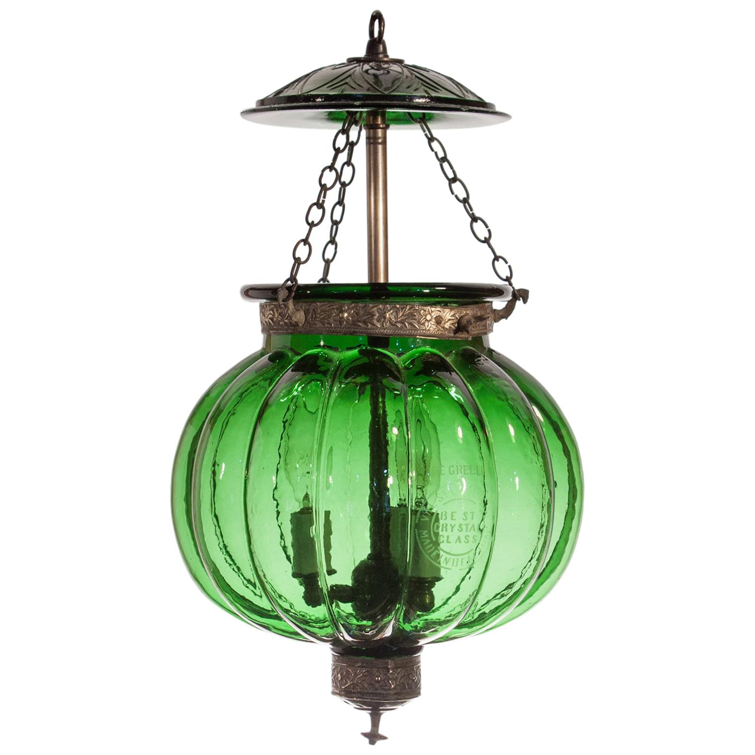 19th Century Emerald Green Pumpkin or Melon Bell Jar Lantern