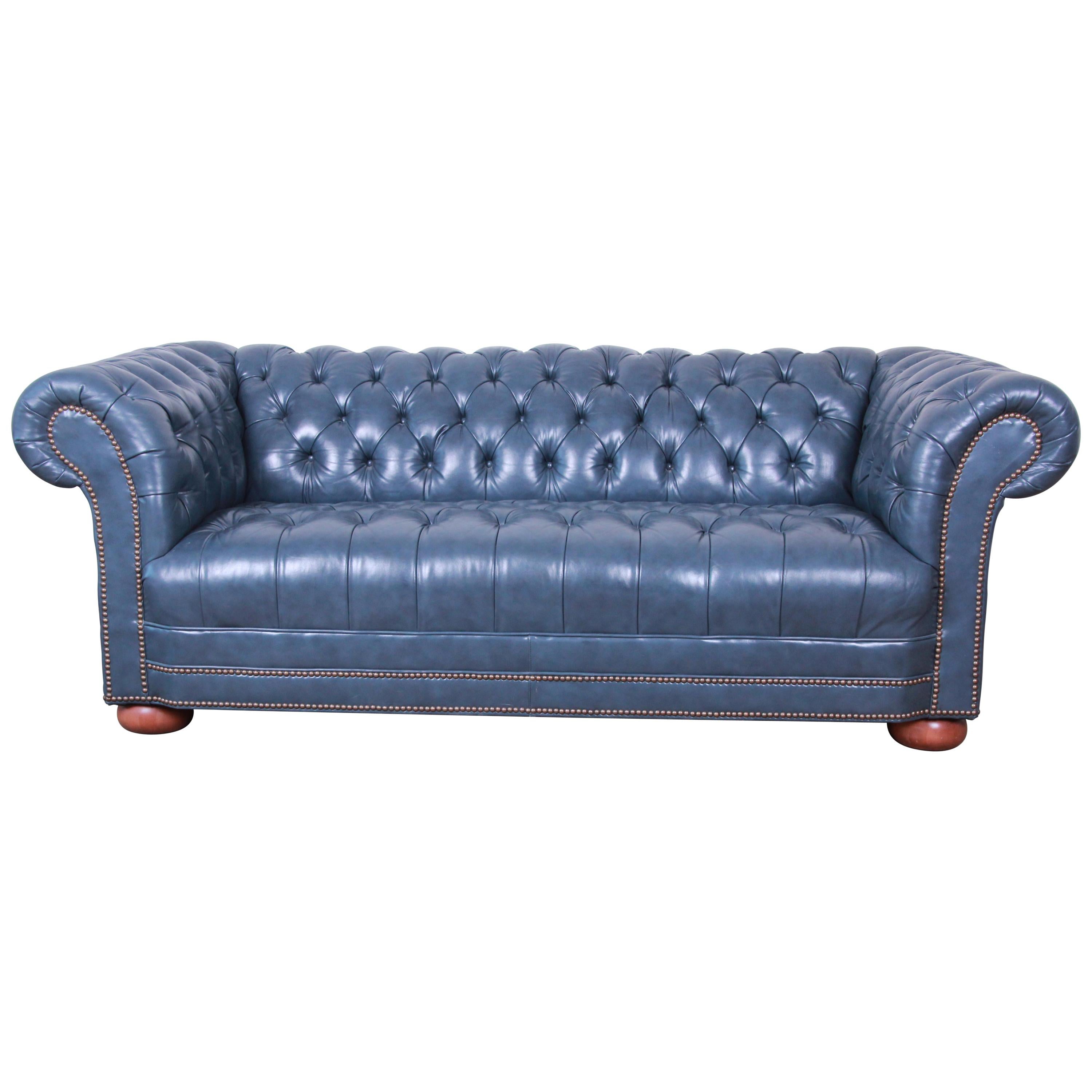 Vintage Tufted Blue Leather Chesterfield Sofa