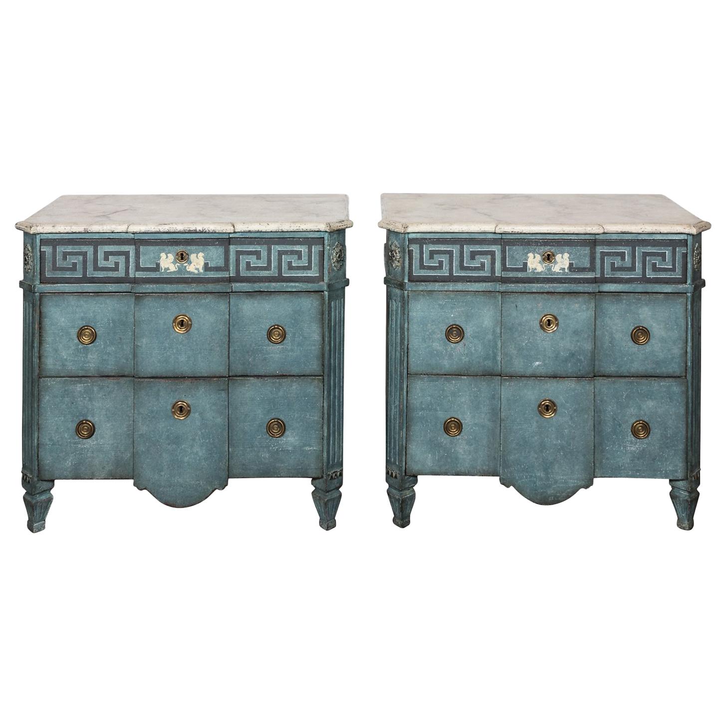 Pair of 20th Century Blue Painted Gustavian Commodes For Sale