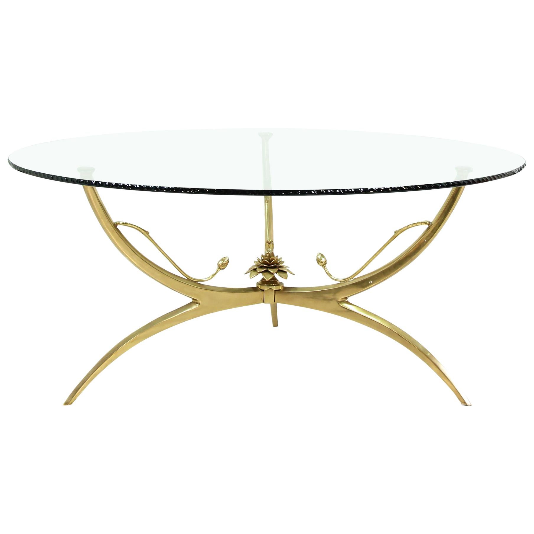 Midcentury Brass Lotus Flower and Glass Top Coffee Table