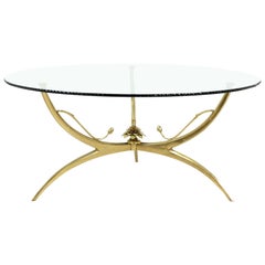Midcentury Brass Lotus Flower and Glass Top Coffee Table
