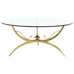 Midcentury Brass Lotus Flower and Glass Top Coffee Table