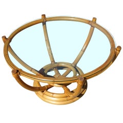 Restored Six-Pole Rattan Coffee Table with Floating Glass Top