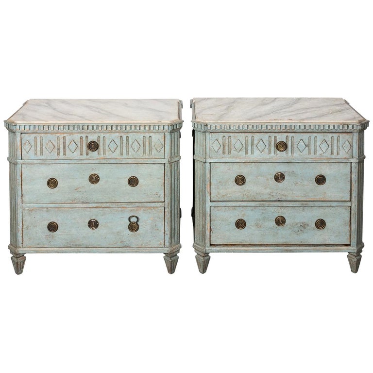 Pair Of 20th Century Painted Light Green Gustavian Style Commodes
