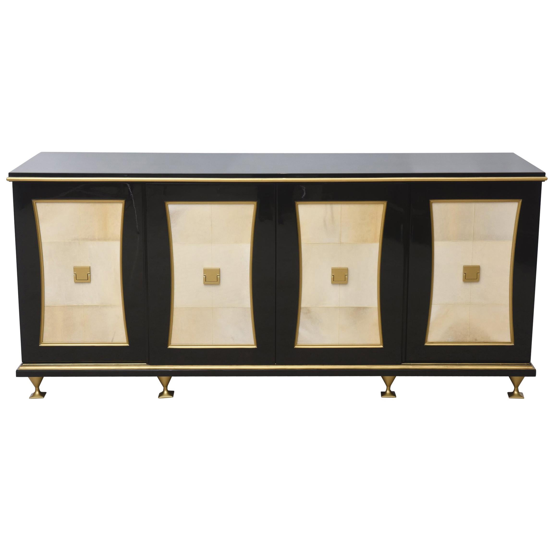 French Modern Black Lacquer, Parchment Buffet Attributed Jacques Quinet, 1940s