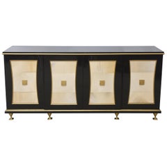 French Modern Black Lacquer, Parchment Buffet Attributed Jacques Quinet, 1940s