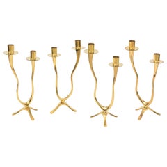 Set of Four Italian Modern Brass Two-Light Candlesticks