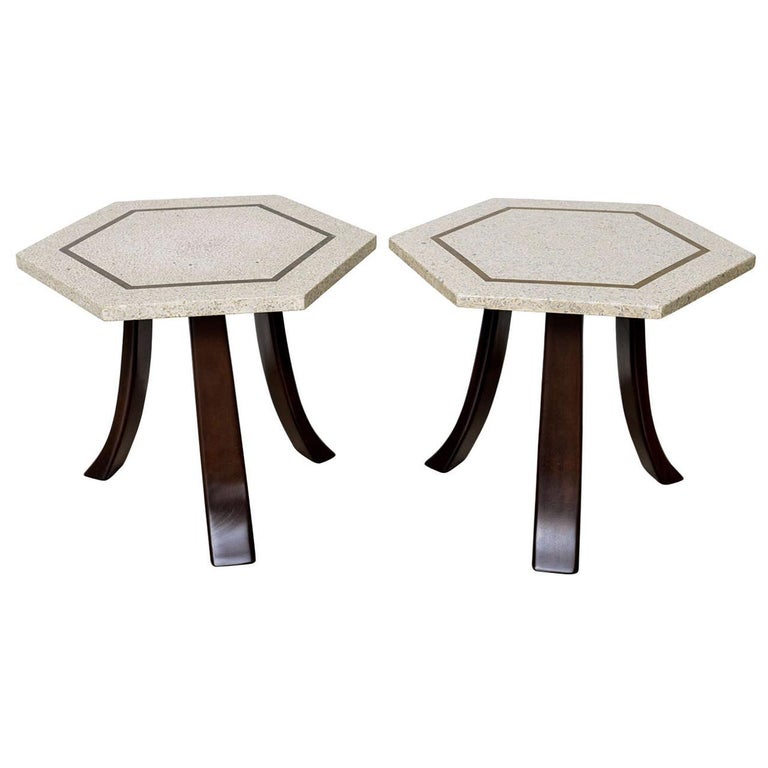 Pair of Harvey Probber Terrazzo and Dark Walnut Tables For Sale