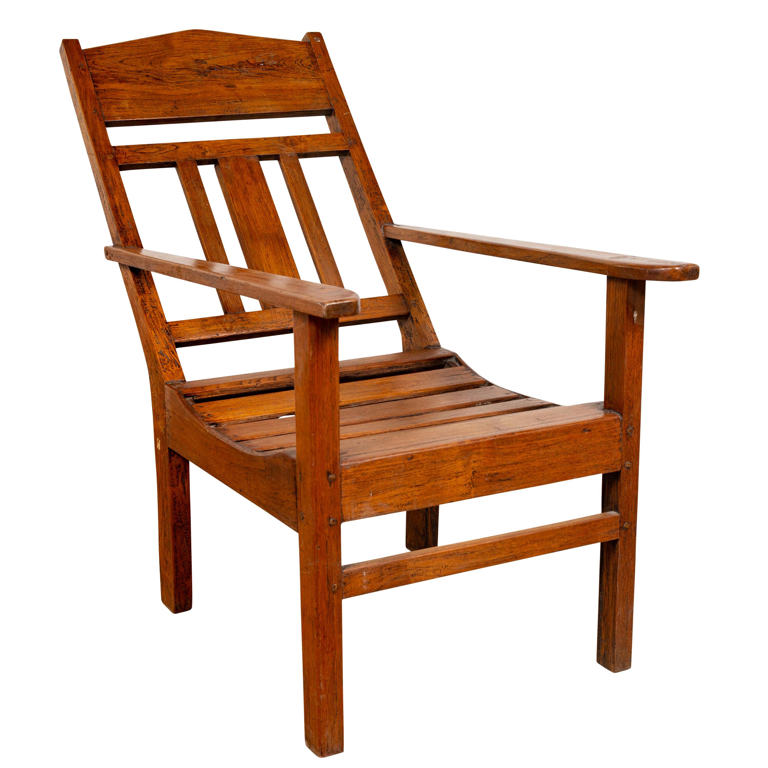 Javanese Vintage Dutch Colonial Plantation Wooden Lounge Chair with Slanted Back For Sale