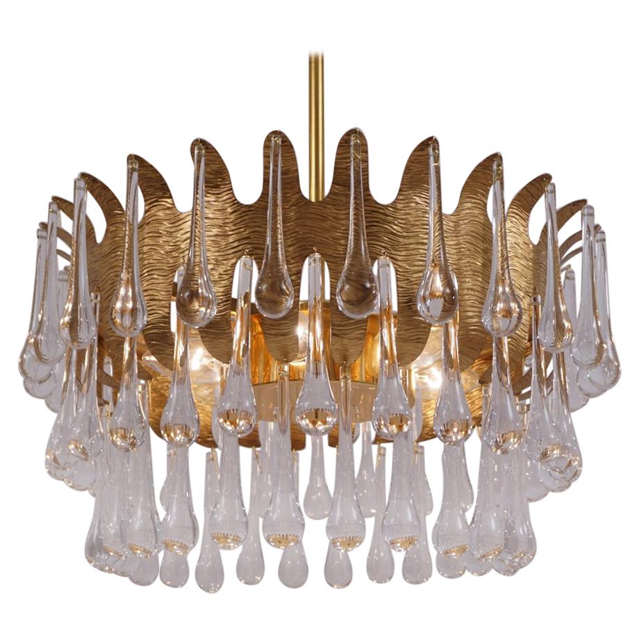 Palwa Chandelier Gold Plated Gilt Brass and Crystal by Ernst Palme, 1960s German For Sale