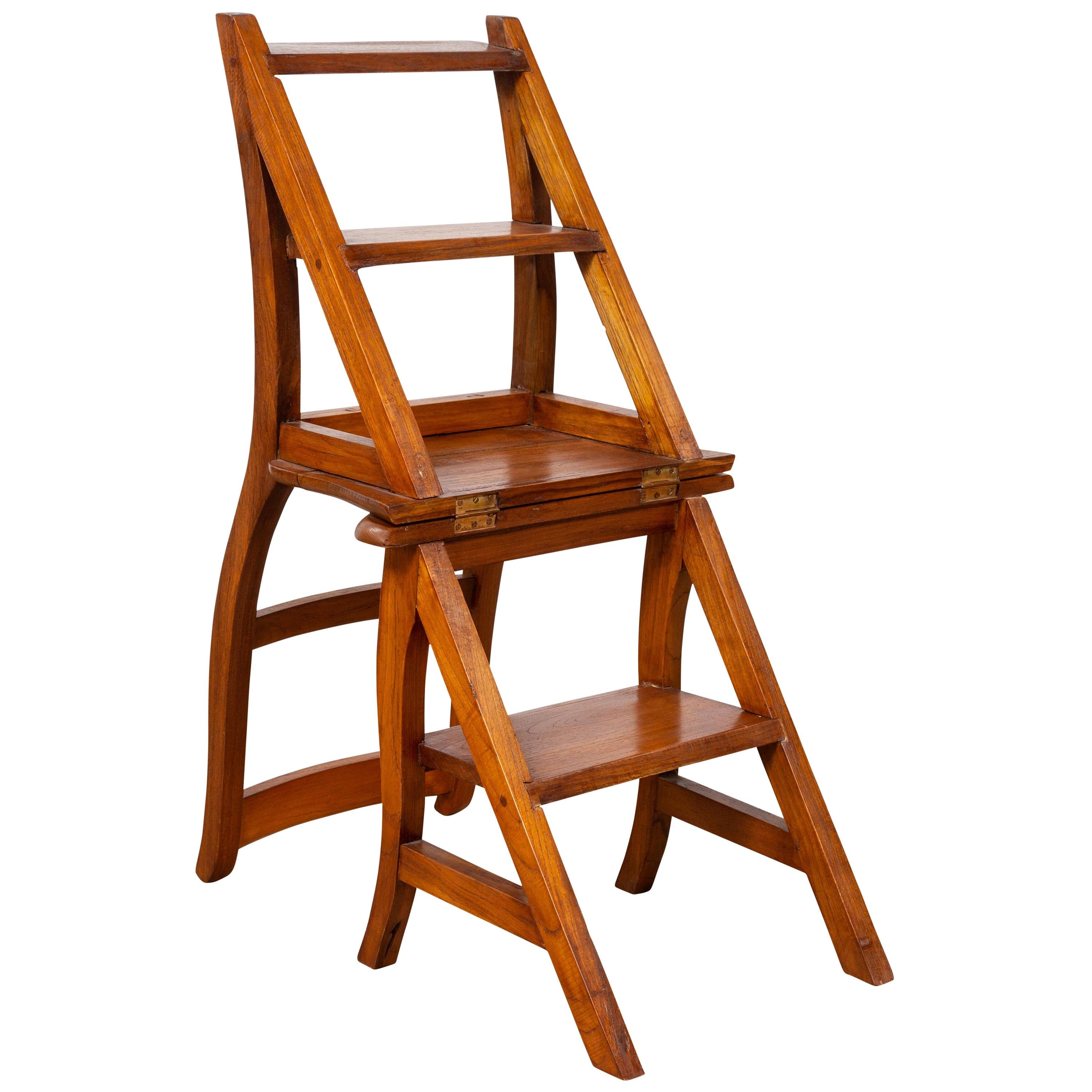 Metamorphic Vintage Dutch Colonial Teak Wood Step Ladder Folding Side Chair
