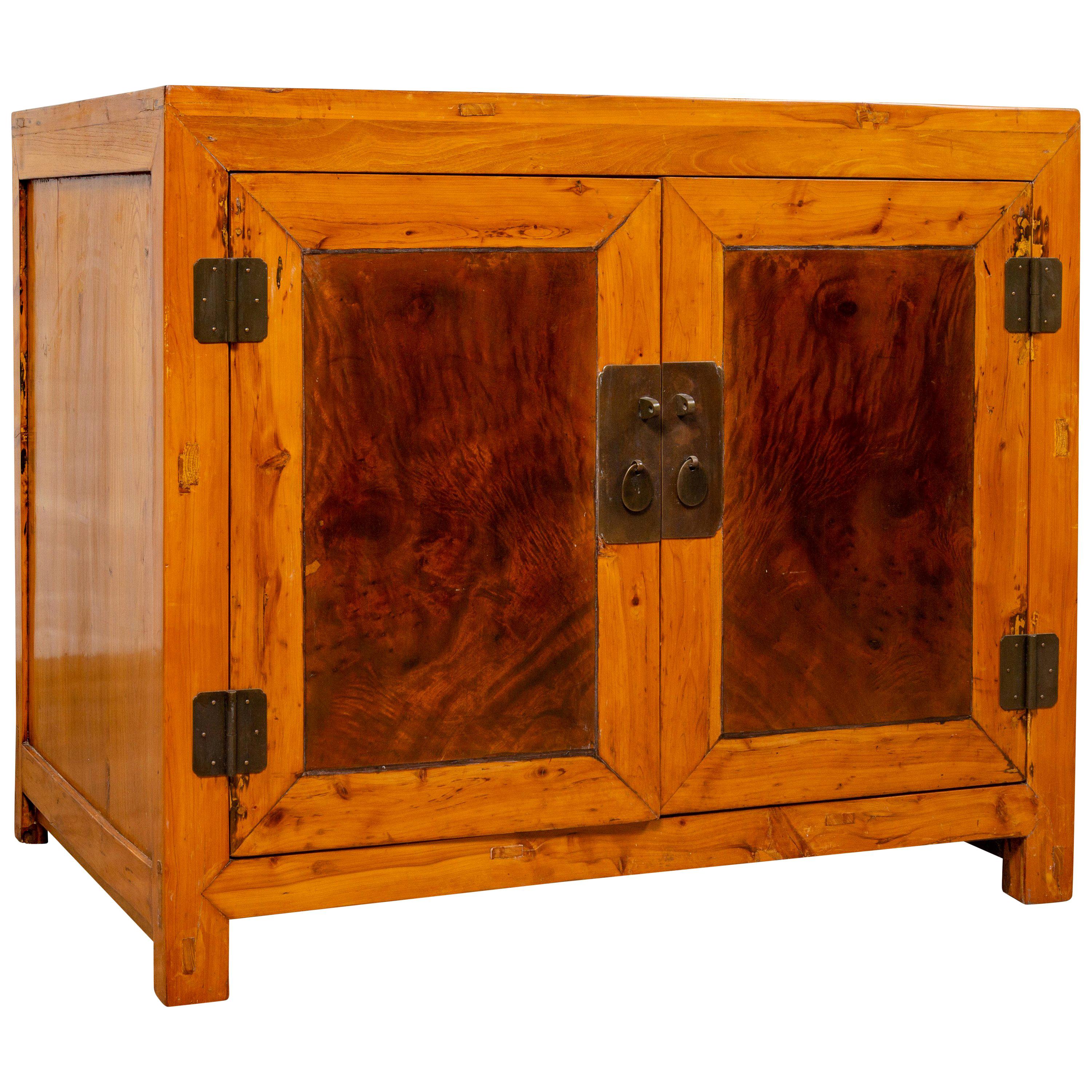 Large Chinese Antique Burl and Elm Wood Two-Toned Patina Cabinet with Doors For Sale