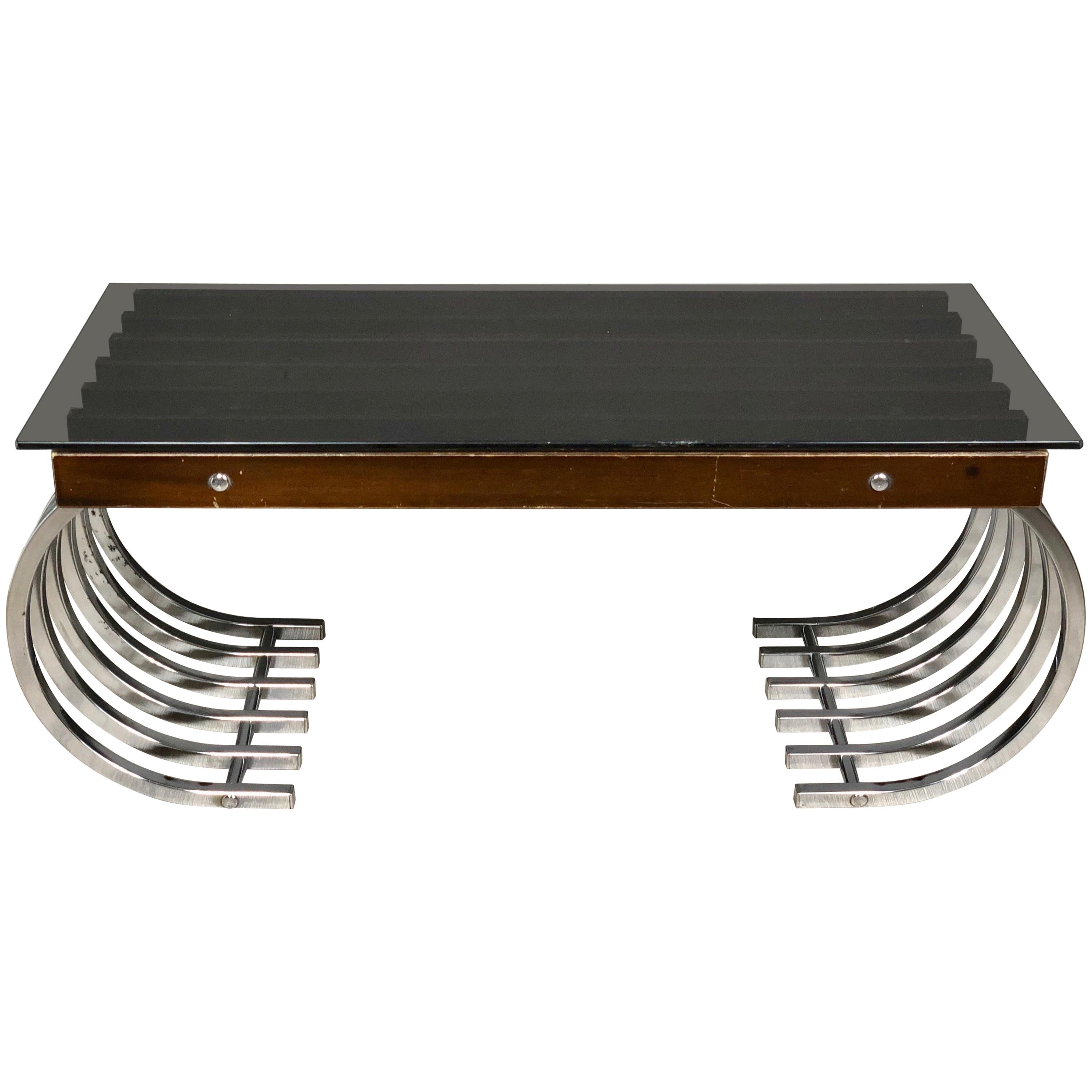 Table basse d'appoint en bois, chrome et verre fumé, Italie, 1970