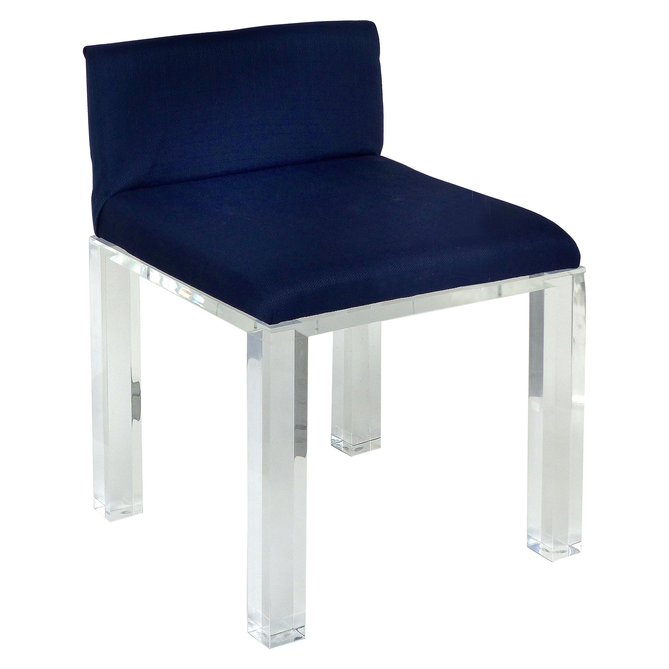 Custom Lucite Vanity Bench or Stool with Thick Lucite Legs and Upholstered Seat For Sale
