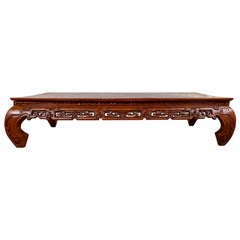 Large Antique Chinese Teak Wood Coffee Table with Hand Carved Scrolled Motifs