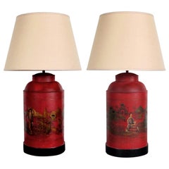 Antique Robust Pair of English Chinoiserie Style Red Painted Tole Tea Canister Lamps
