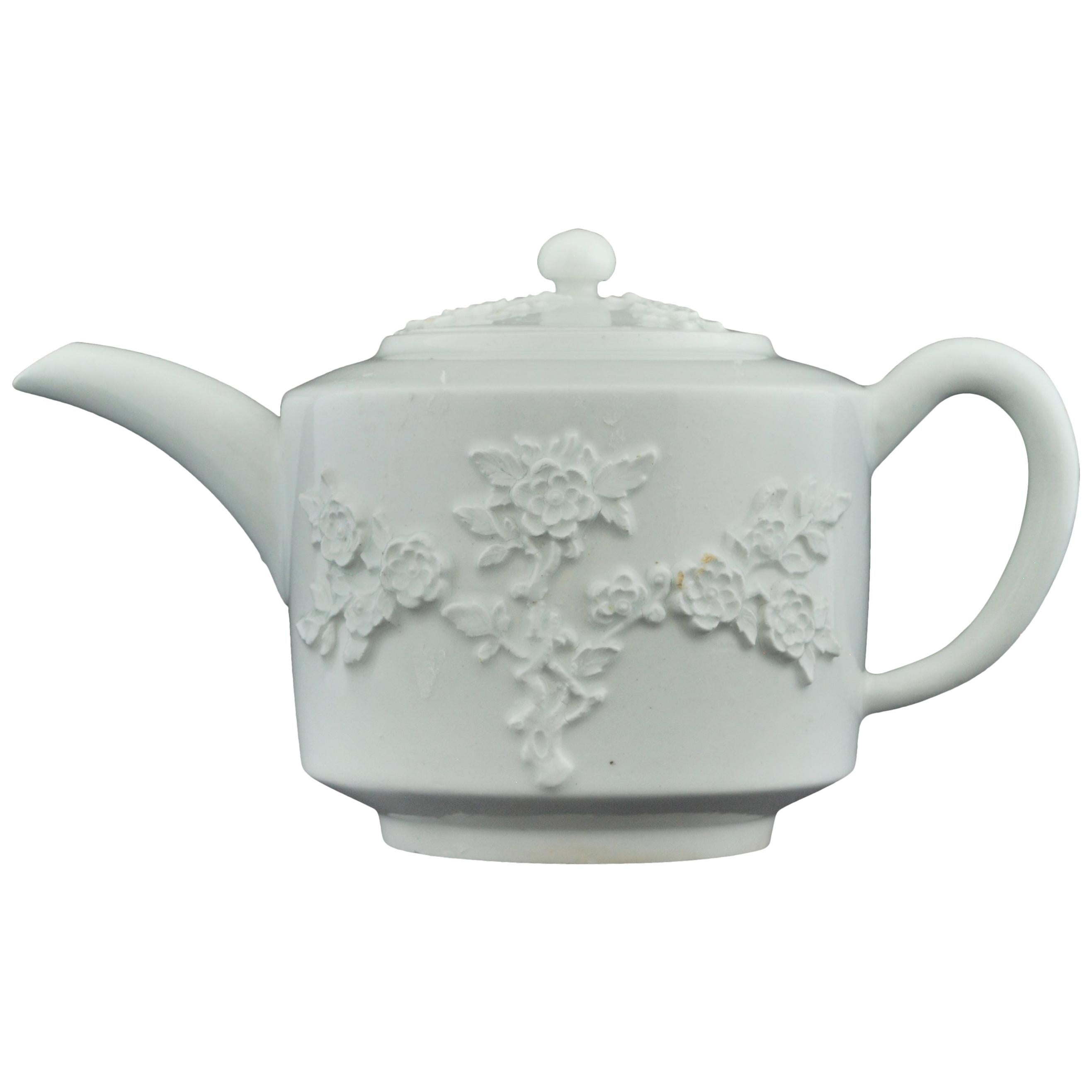 Teapot in the White, Prunus Decorated, Bow, circa 1749 For Sale
